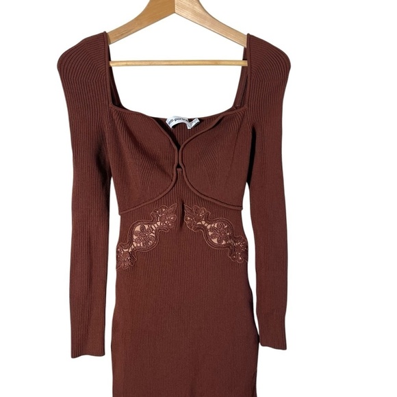 SELF-PORTRAIT Rib Knit Lace Insert Long Sleeve Midi Bodycon Fitted Dress - Picture 5 of 10